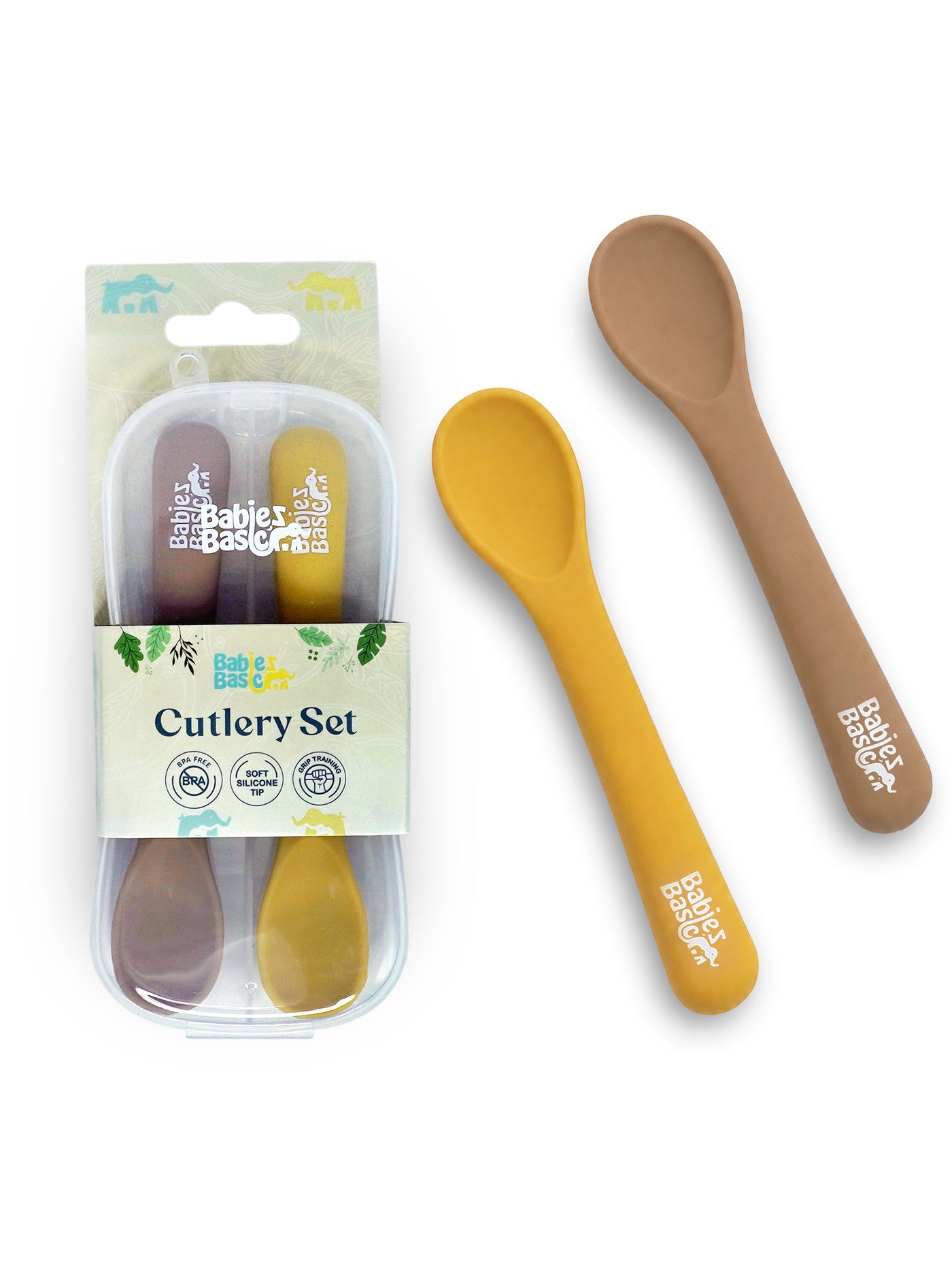 Babies Basic Flexible Silicone Spoon Set with travel case for kids, Yellow and Brown