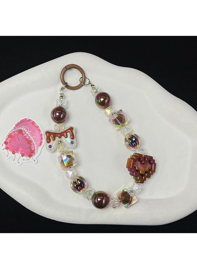 NIBEMINENT Beaded Phone Lanyard, Anti Lost Removable Wrist Strap，Brown Heart Bracelet Pendant, Phone Keychain Lanyard - Image 1