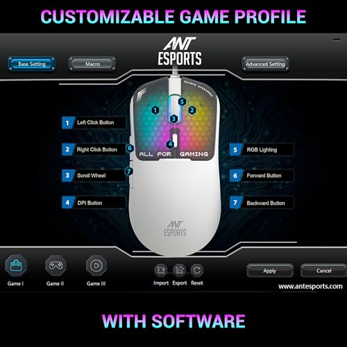 ANT Esports فأر ألعاب Ant Esports Virtus100 سلكي بإضاءة RGB | خفيف الوزن | أزرار متينة 6D | أداء عالي يصل إلى 12800 DPI ومعدل استجابة 1000Hz | حساس AI | 20 مليون نقرة | دعم برمجي فأر ألعاب - أبيض - Image 5