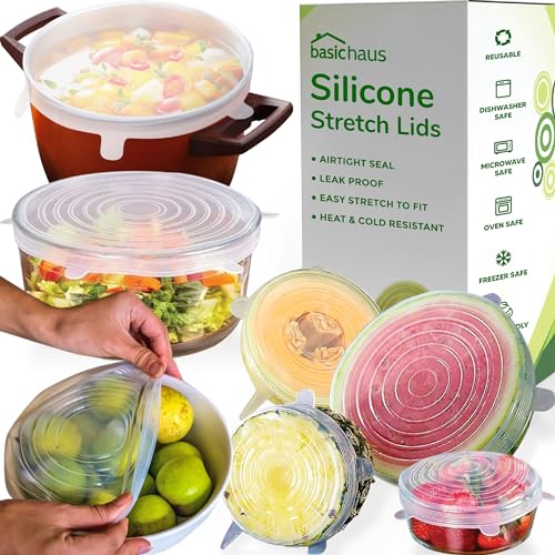 Basic Haus Reusable Silicone Stretch Lids for Food Storage in Fridge - Elastic Heat-Resistant Bowl Covers, Cups, Cans, Jars - Universal Food Grade Lid for Round and Rectangle Containers - Dishwasher Safe -7 Pack - Image 1