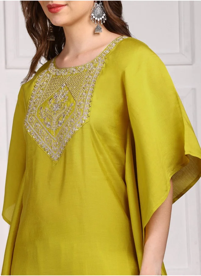 آي شين Kaftan Fit Yoke Design Pattern Round Neck Three-Quarter Sleeves Mustard Colour Knitted Cotton Kurta Set for Women with Semi Elastic Closure - Designed with Style and Comfort
