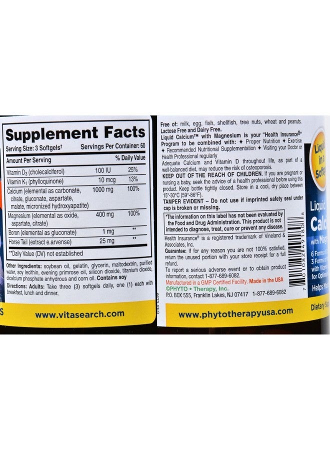 Phyto-Therapy Therapy Liquid Calcium with Magnesium - 1000 mg - 180 Softgels. - Image 2