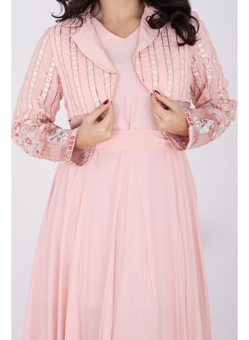 اكسا فستان مطرز بنقوش عصرية قطعتين لون وردي - Image 2