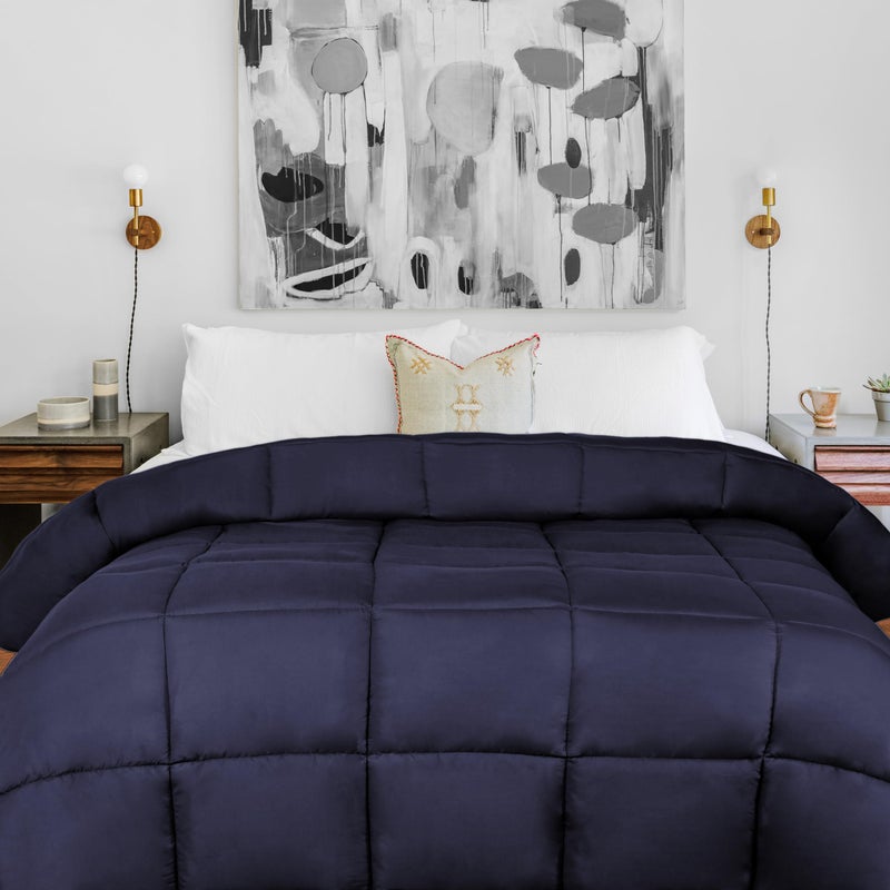 Superior Brushed Microfiber Solid Comforter Down Alternative Bedding Reversible Medium Weight Fluffy Decorative Duvet Insert Oversized Blanket Box Quilt Design King Navy Blue