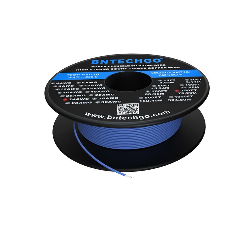 BNTECHGO 24 Gauge Silicone Wire Spool 250 ft Blue Flexible 24 AWG Stranded Tinned Copper Wire - Image 2