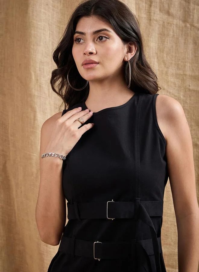 SASSAFRAS Buckled Sleeveless Mini Dress