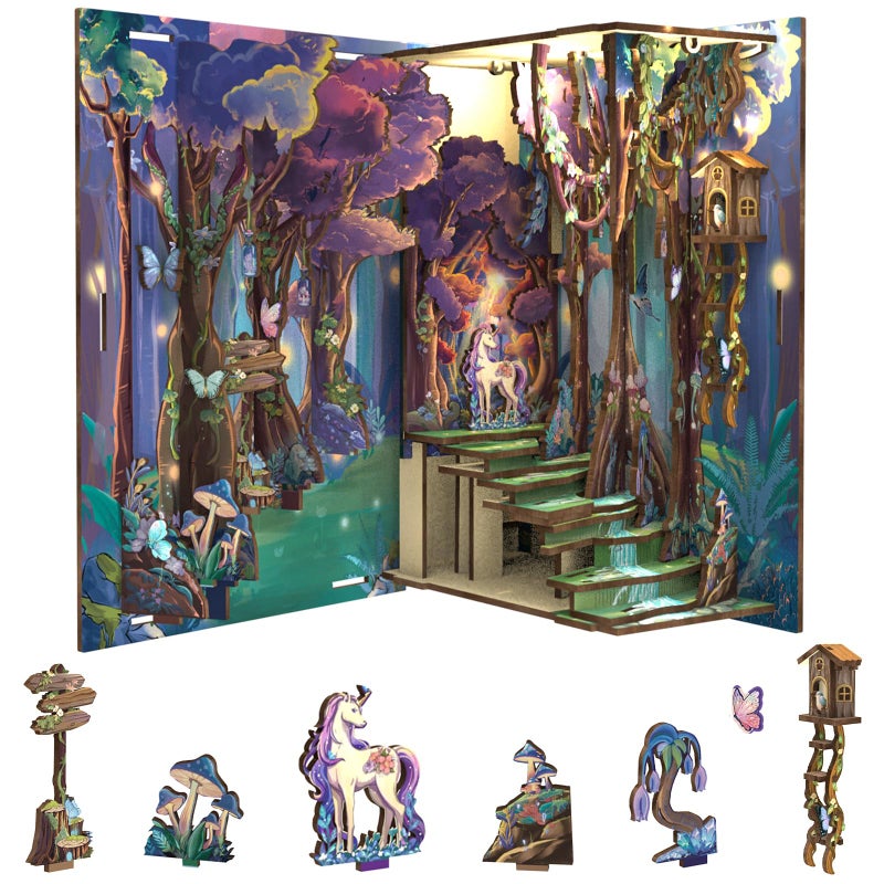 Cutefun Book Nook Kit DIY Miniature Dollhouse Kit for Adults and Teens 3D Wooden Puzzle Bookends Bookshelf Insert Decor wLED Light Dust Cover Christmas Birthday Gifts Forest Unicorn - Image 3