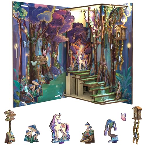 Cutefun Book Nook Kit DIY Miniature Dollhouse Kit for Adults and Teens 3D Wooden Puzzle Bookends Bookshelf Insert Decor wLED Light Dust Cover Christmas Birthday Gifts Forest Unicorn - Image 1