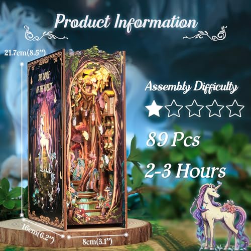 Cutefun Book Nook Kit DIY Miniature Dollhouse Kit for Adults and Teens 3D Wooden Puzzle Bookends Bookshelf Insert Decor wLED Light Dust Cover Christmas Birthday Gifts Forest Unicorn - Image 5