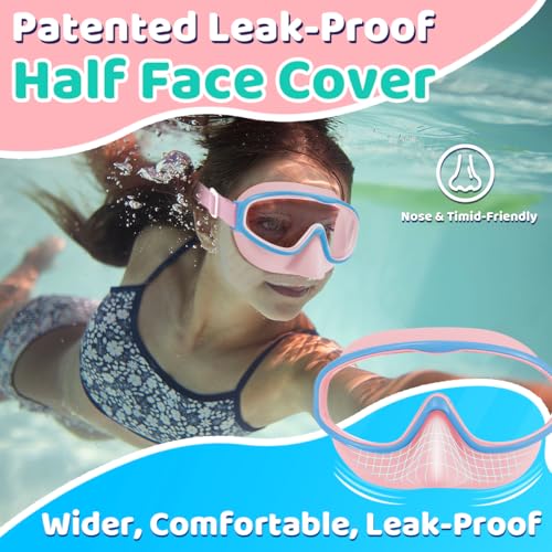 Vvinca Swim Goggles with Nose Cover, Fabric Strap Toddler Kids Swimming Goggles Diving Mask Anti-Fog/UV No Leak for Age 3-15 - Image 4
