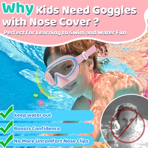 Vvinca Swim Goggles with Nose Cover, Fabric Strap Toddler Kids Swimming Goggles Diving Mask Anti-Fog/UV No Leak for Age 3-15 - Image 2
