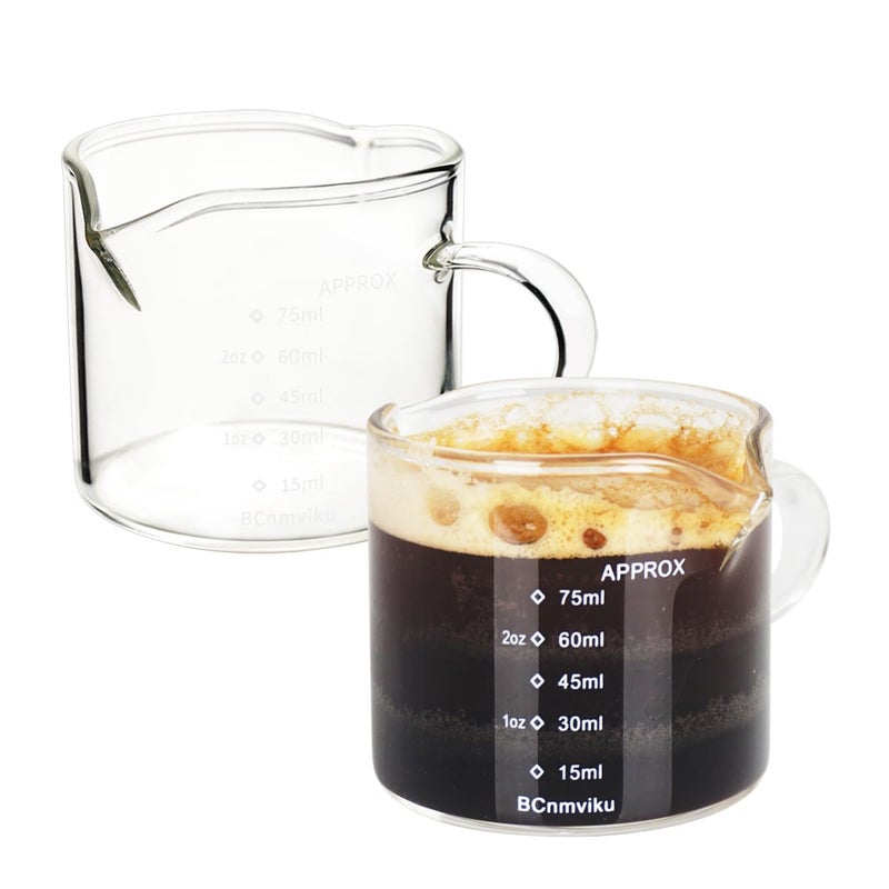 BCnmviku 2 Pack Double Spouts Measuring Triple Pitcher Milk Cup 75ML Espresso Shot Glasses Parts Clear Glass - Image 1