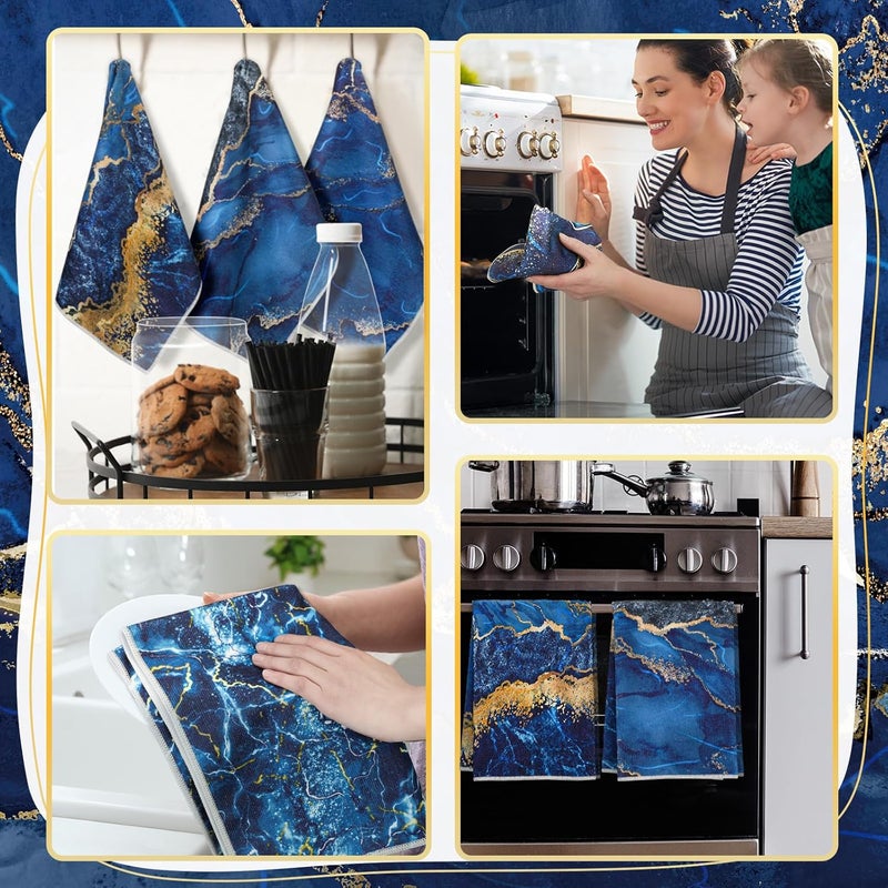Boyiee 6 Pcs Christmas Marble Hand Towels Blue Kitchen Towels Blue and Gold Towel Modern Gifts Absorbent Soft Decorative Dish Cloths Tea Towel Set Kitchen Decor Ocean Gift for Xmas Farmhouse Bathroom - Image 5