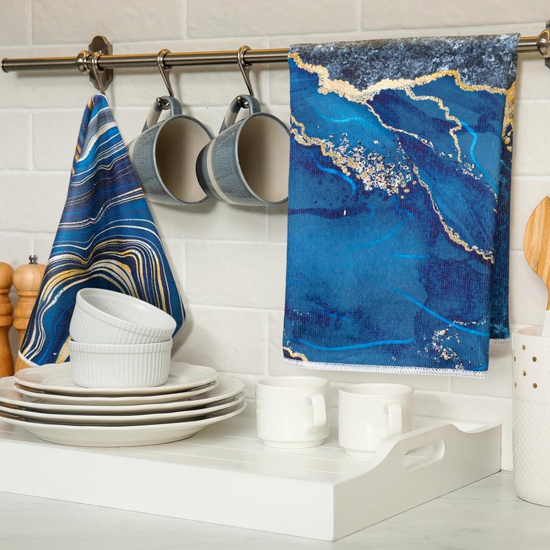 Boyiee 6 Pcs Christmas Marble Hand Towels Blue Kitchen Towels Blue and Gold Towel Modern Gifts Absorbent Soft Decorative Dish Cloths Tea Towel Set Kitchen Decor Ocean Gift for Xmas Farmhouse Bathroom - Image 3