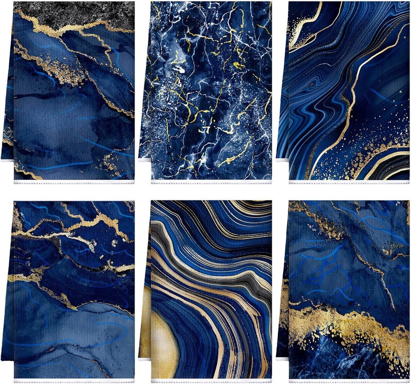 Boyiee 6 Pcs Christmas Marble Hand Towels Blue Kitchen Towels Blue and Gold Towel Modern Gifts Absorbent Soft Decorative Dish Cloths Tea Towel Set Kitchen Decor Ocean Gift for Xmas Farmhouse Bathroom - Image 1