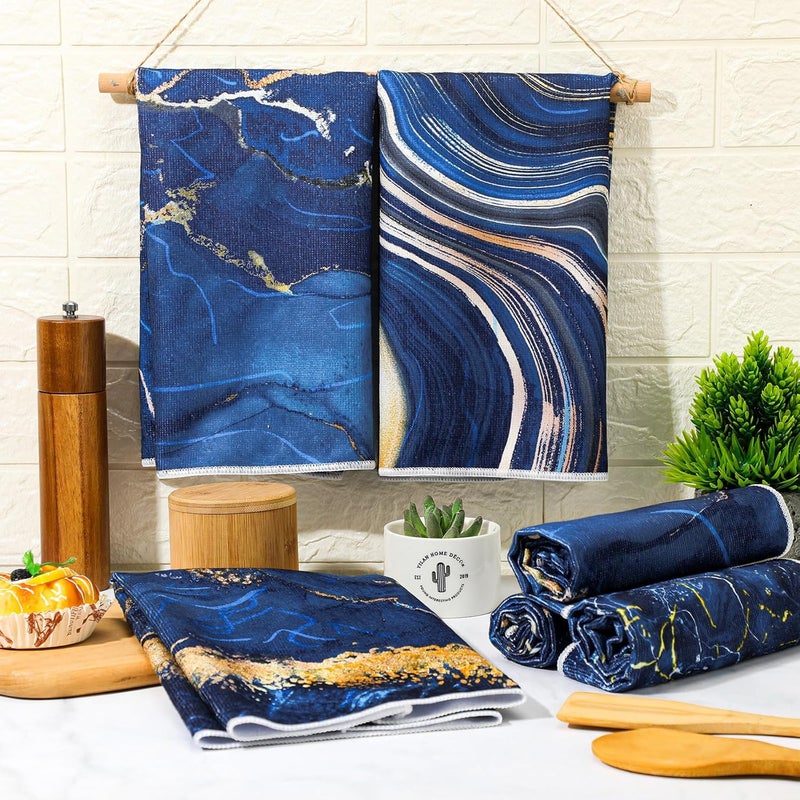 Boyiee 6 Pcs Christmas Marble Hand Towels Blue Kitchen Towels Blue and Gold Towel Modern Gifts Absorbent Soft Decorative Dish Cloths Tea Towel Set Kitchen Decor Ocean Gift for Xmas Farmhouse Bathroom - Image 2