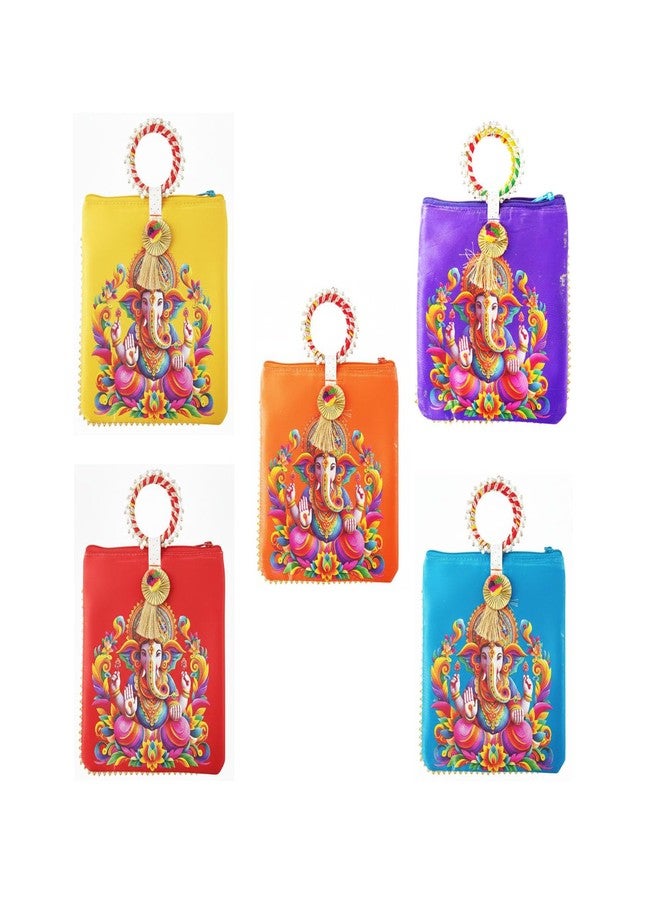 TAVASYA Traditional Potli Gift Bags with Zip & Bangle Handle - Pack of 5 - Lord Ganesh Design | Return Gift Bags for Weddings, Pooja, Baby Shower, Housewarming, Festivals & Functions - Image 1