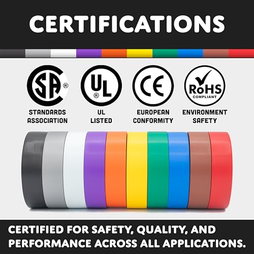 TradeGear Electrical Tape (10PK) Assorted Matte Rainbow Colors – Waterproof, Flame-Retardant, Rubber Based Adhesive, UL Listed – Rated for Max. 600V and 80oC Use –Measures 60’ x 3/4" x 0.07" - Image 4