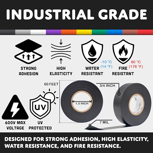 TradeGear Electrical Tape (10PK) Assorted Matte Rainbow Colors – Waterproof, Flame-Retardant, Rubber Based Adhesive, UL Listed – Rated for Max. 600V and 80oC Use –Measures 60’ x 3/4" x 0.07" - Image 3
