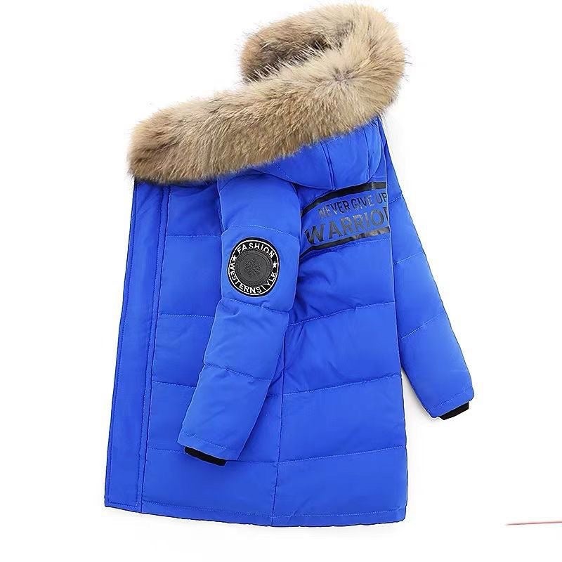 Cross-border Childrens Winter Cotton-padded Jacket Boys Middle and Big Childrens Thickened Jacket 2024 New Mid-length Down Cotton-padded Jacket Dark Blue 
