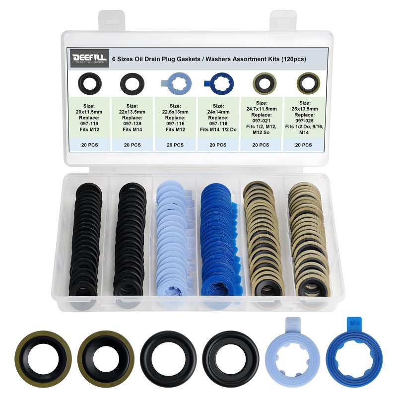 DEEFILL 120PCS 6 Sizes Oil Drain Plug Gaskets Assortment Kits, Fit M12 M14 for Ford, Replace 097-119, 097-139, 097-116, 097-118, 097-021, 097-025 - Image 1