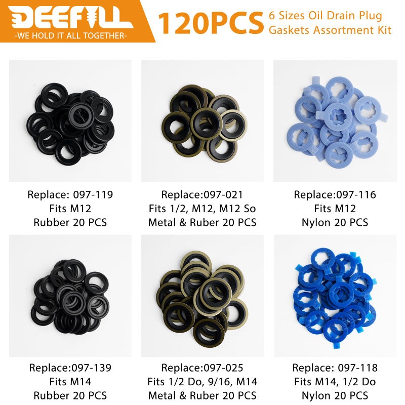 DEEFILL 120PCS 6 Sizes Oil Drain Plug Gaskets Assortment Kits, Fit M12 M14 for Ford, Replace 097-119, 097-139, 097-116, 097-118, 097-021, 097-025 - Image 4