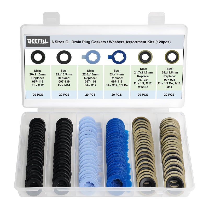 DEEFILL 120PCS 6 Sizes Oil Drain Plug Gaskets Assortment Kits, Fit M12 M14 for Ford, Replace 097-119, 097-139, 097-116, 097-118, 097-021, 097-025 - Image 2