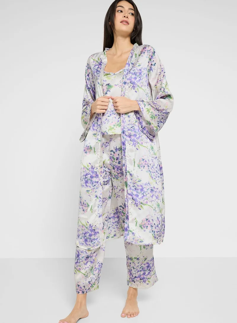 ELLA 5Pc Pyjama Set Cami Top With Night Robe, Slip, Short & Pant