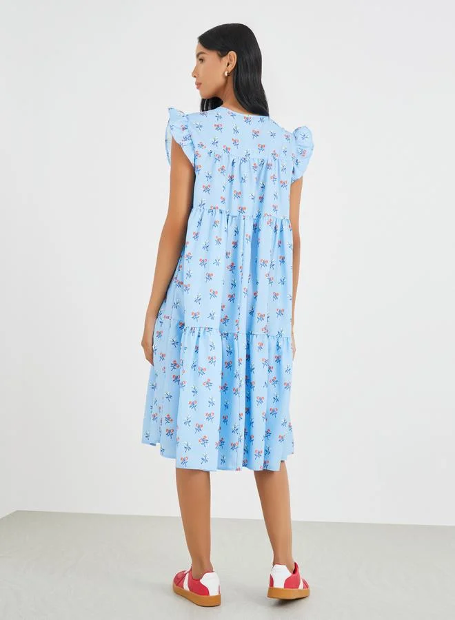 Take Two Take Two Floral Print Ruffled Sleeve Tiered Midi Dress