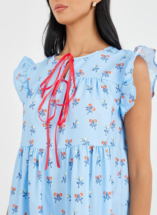 Take Two Take Two Floral Print Ruffled Sleeve Tiered Midi Dress