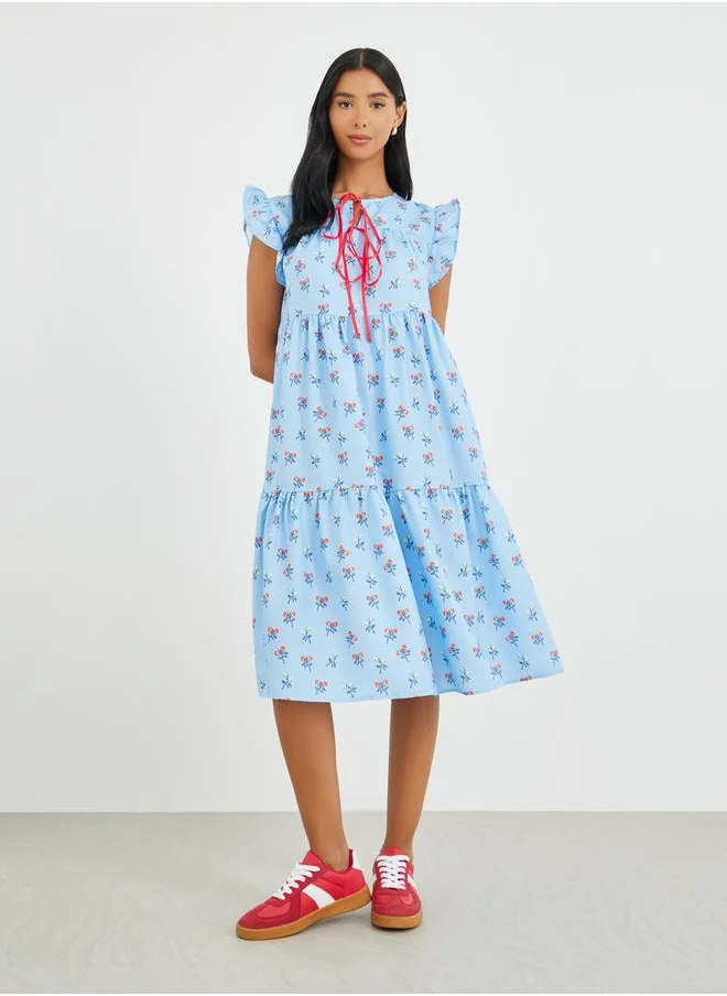 Take Two Take Two Floral Print Ruffled Sleeve Tiered Midi Dress