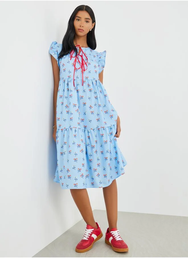 Take Two Take Two Floral Print Ruffled Sleeve Tiered Midi Dress