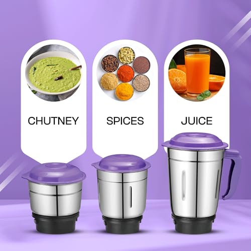 Moonstruck By Suprimo Star Purple 750 Watt Mixer Grinder With 3 Stainless Steel Jars Combo 1100 Watt Iron|ABS Body|CNC Hybrid Motor|1 Year Warranty|Mixie Home| Chutney Making|Dry Grinding|Wet Grinding - Image 4