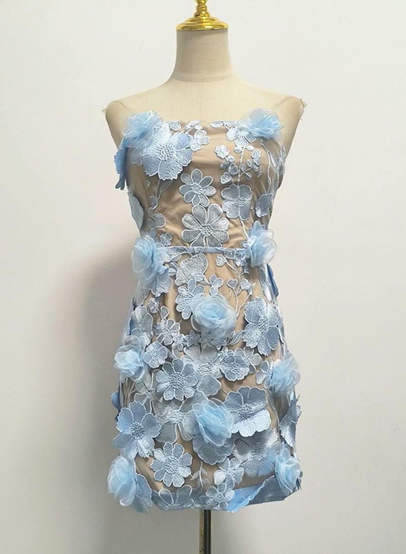 Meilun Light Blue 3D Flower - Embellished Strapless Tulle Mini Dress - Image 2