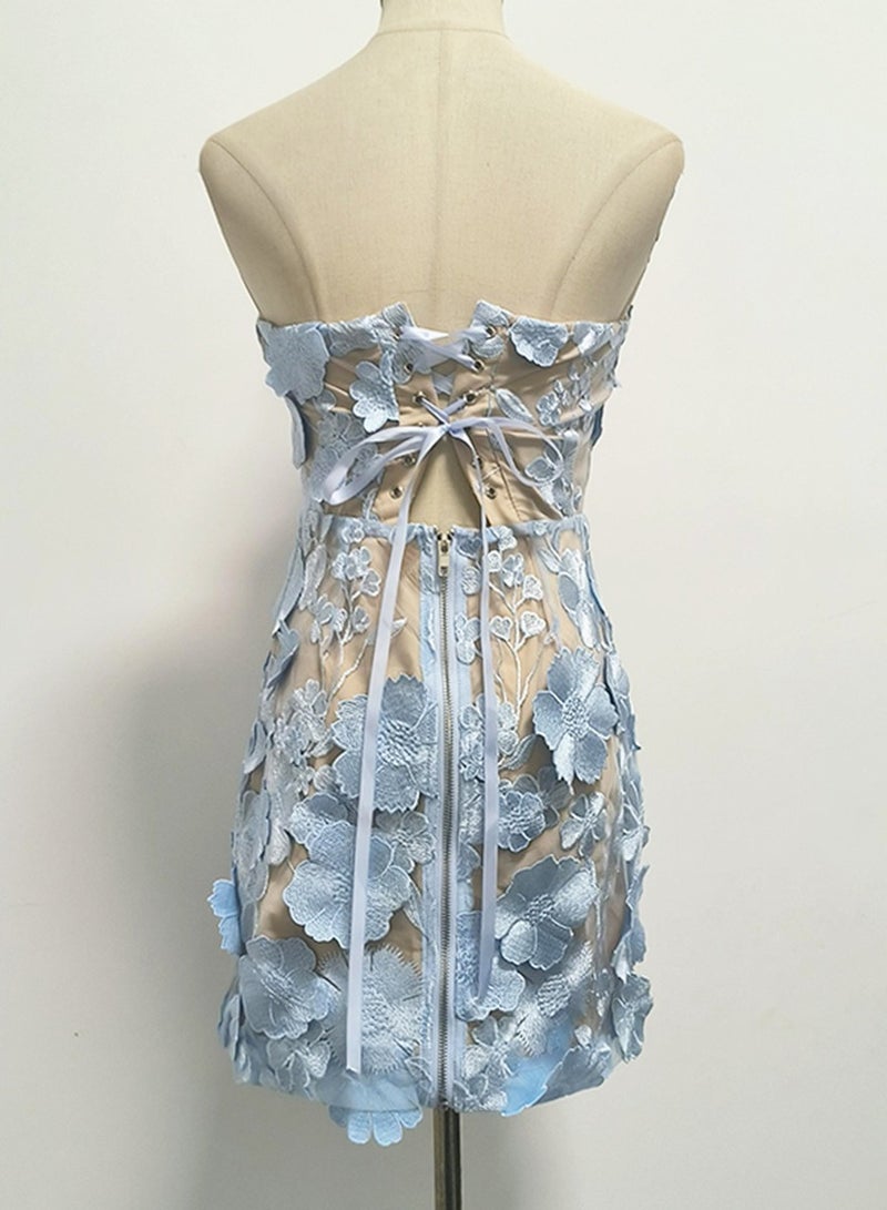 Meilun Light Blue 3D Flower - Embellished Strapless Tulle Mini Dress - Image 3