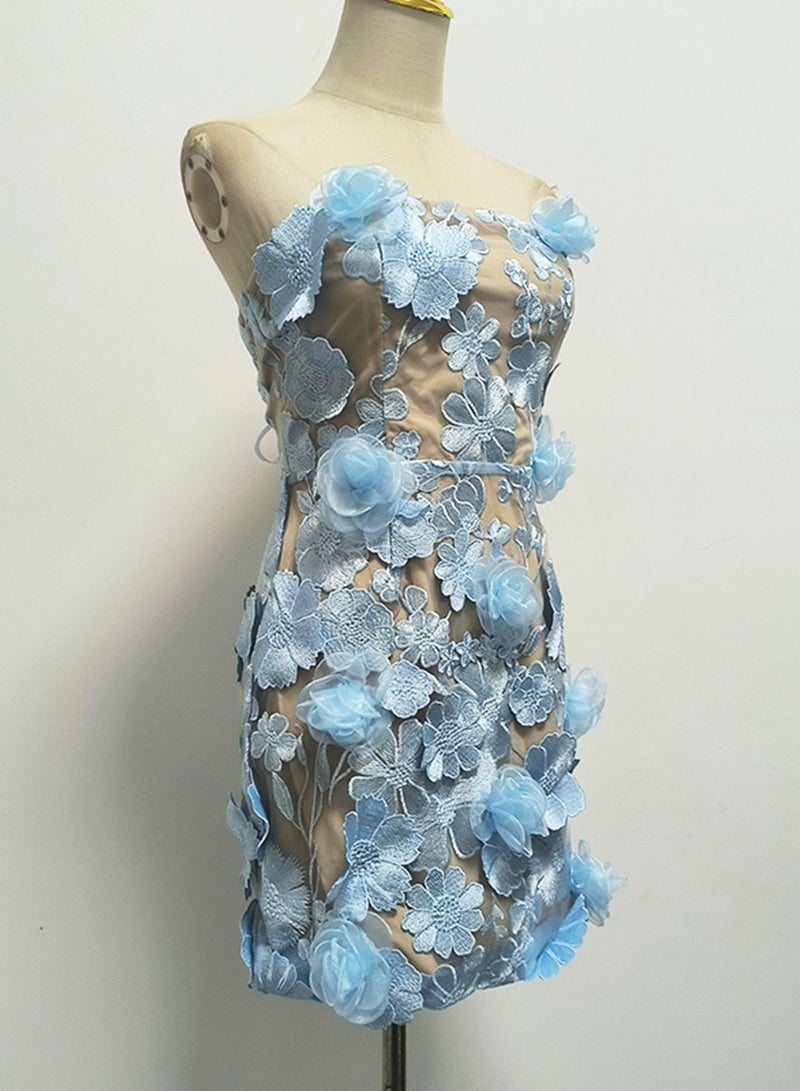 Meilun Light Blue 3D Flower - Embellished Strapless Tulle Mini Dress - Image 4