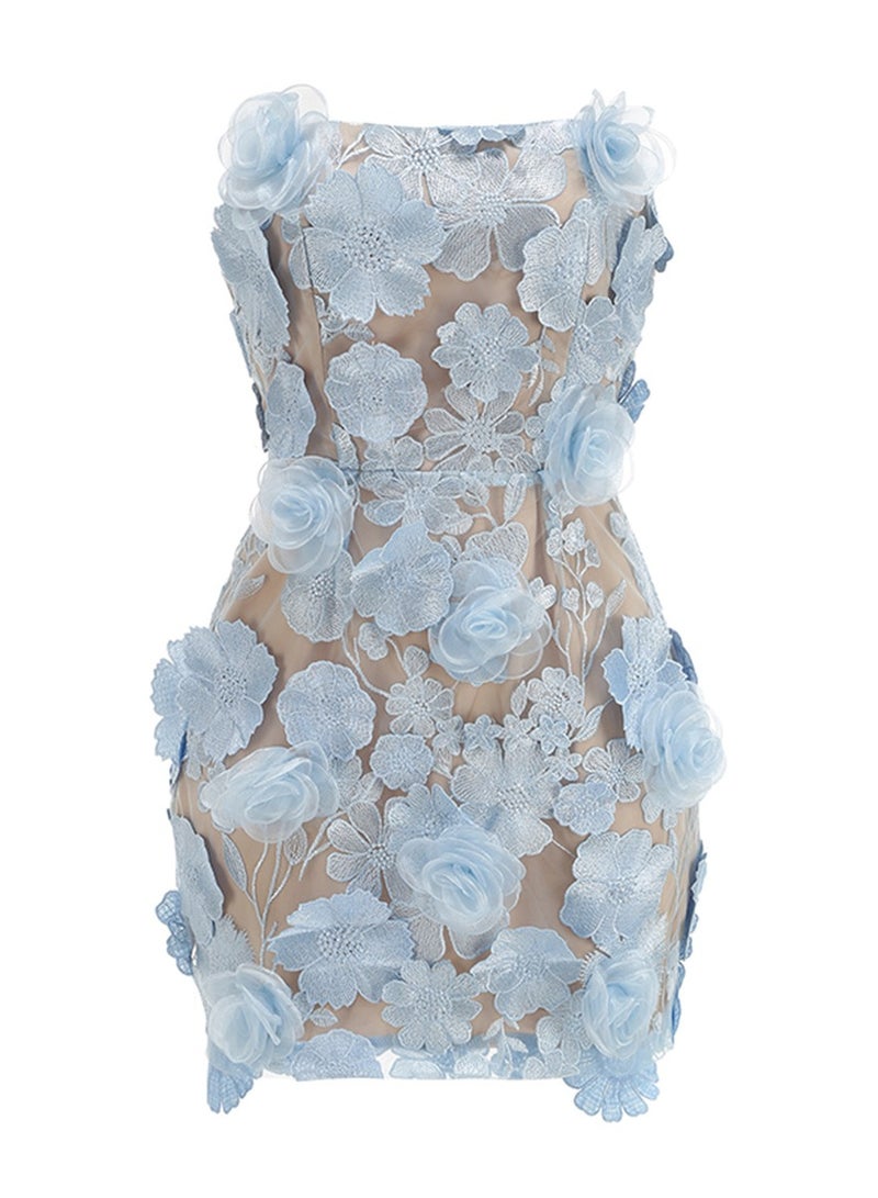 Meilun Light Blue 3D Flower - Embellished Strapless Tulle Mini Dress - Image 5