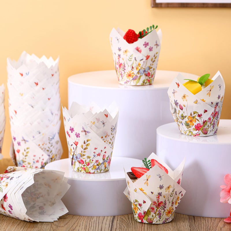 Vesici 200 Counts Wildflower Tulip Cupcake Liners Wildflower Baby Shower Decorations Liners Tulip for Baking Cups for Spring Easter Bridal Shower Wedding Festival Party - Image 3