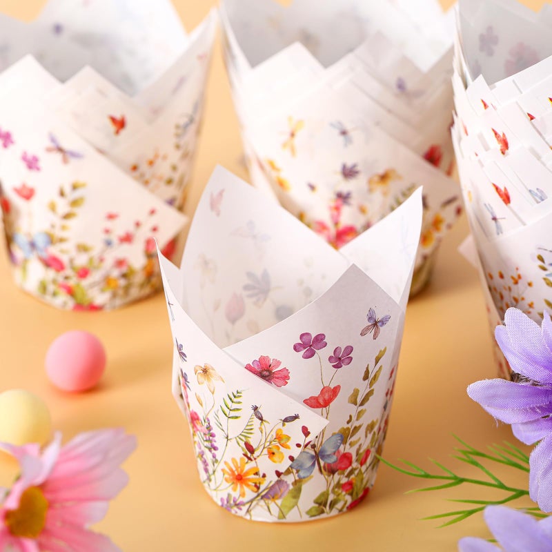 Vesici 200 Counts Wildflower Tulip Cupcake Liners Wildflower Baby Shower Decorations Liners Tulip for Baking Cups for Spring Easter Bridal Shower Wedding Festival Party - Image 4