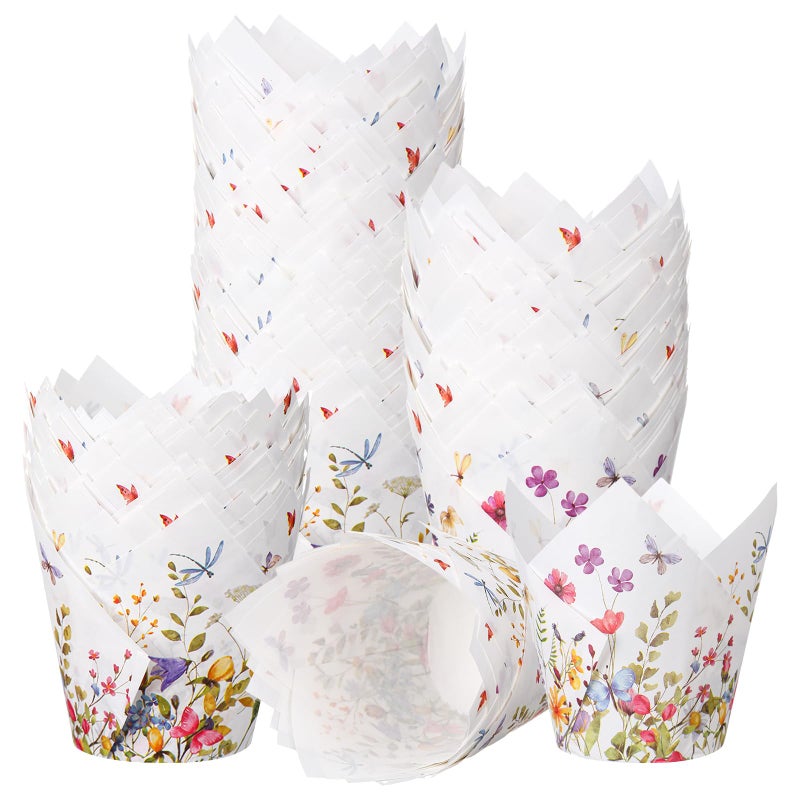 Vesici 200 Counts Wildflower Tulip Cupcake Liners Wildflower Baby Shower Decorations Liners Tulip for Baking Cups for Spring Easter Bridal Shower Wedding Festival Party - Image 1