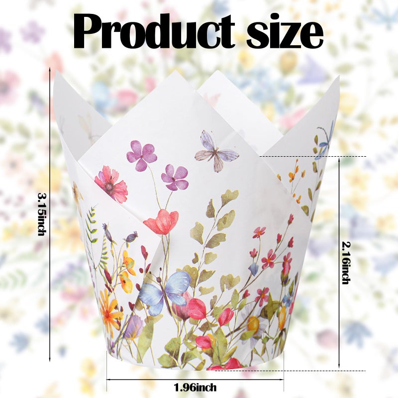 Vesici 200 Counts Wildflower Tulip Cupcake Liners Wildflower Baby Shower Decorations Liners Tulip for Baking Cups for Spring Easter Bridal Shower Wedding Festival Party - Image 2