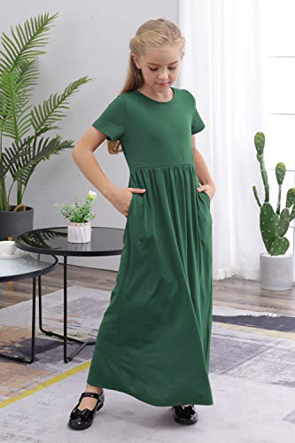 GORLYA Girl's Short Sleeve Floral Print Loose Casual Holiday Long Maxi Dress with Pockets 4-12 Years (11-12Years/Height:150cm, Green) - Image 3