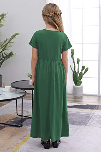 GORLYA Girl's Short Sleeve Floral Print Loose Casual Holiday Long Maxi Dress with Pockets 4-12 Years (11-12Years/Height:150cm, Green) - Image 2