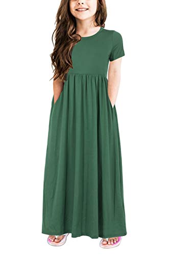 GORLYA Girl's Short Sleeve Floral Print Loose Casual Holiday Long Maxi Dress with Pockets 4-12 Years (11-12Years/Height:150cm, Green) - Image 1