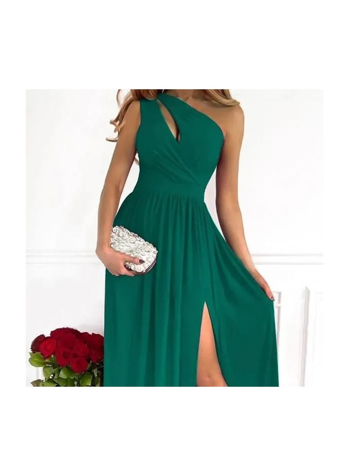 1-Piece Formal Oblique Shoulder Lady Women Dress,Slant Shoulder High Waist Split Temperament Long Dress,Colour Green,Size S - Image 3