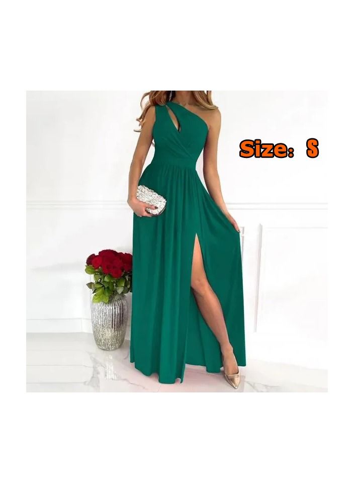 1-Piece Formal Oblique Shoulder Lady Women Dress,Slant Shoulder High Waist Split Temperament Long Dress,Colour Green,Size S - Image 1