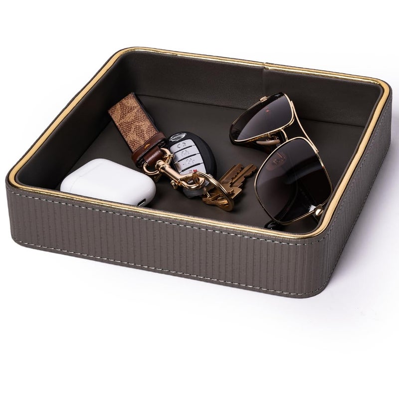 ZHEM Key Bowl for Entryway Table| Leather Catch All Bowl for Keys| Key Dish Bowl for Entryway Table| Key Basket EDC Tray| Key and Wallet Holder Key Holder Bowl -Gray - Image 1
