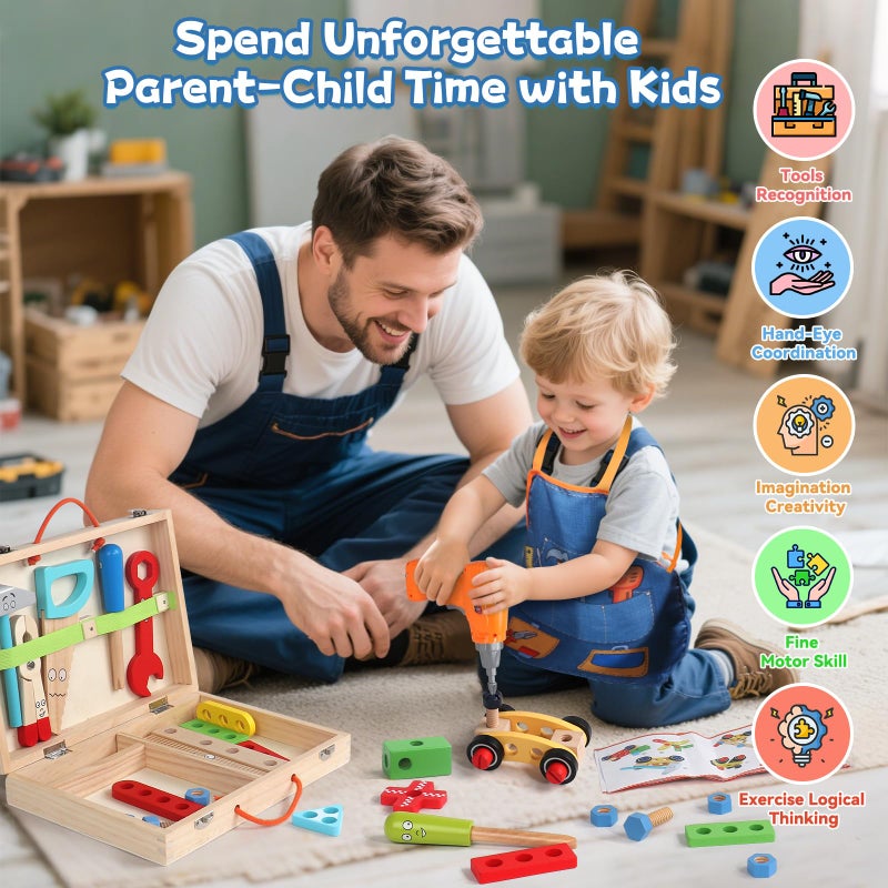 TONZE Kids Tool Set with Drill, Educational Montessori Toys for 3 Year Old Boys 44 Pcs STEM Kids Toys Wooden Toddler Tool Set with Apron & Box Birthday Gifts for 3 4 5 Year Old Boy Girl - Image 4