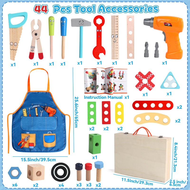 TONZE Kids Tool Set with Drill, Educational Montessori Toys for 3 Year Old Boys 44 Pcs STEM Kids Toys Wooden Toddler Tool Set with Apron & Box Birthday Gifts for 3 4 5 Year Old Boy Girl - Image 3