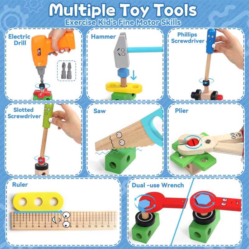 TONZE Kids Tool Set with Drill, Educational Montessori Toys for 3 Year Old Boys 44 Pcs STEM Kids Toys Wooden Toddler Tool Set with Apron & Box Birthday Gifts for 3 4 5 Year Old Boy Girl - Image 5